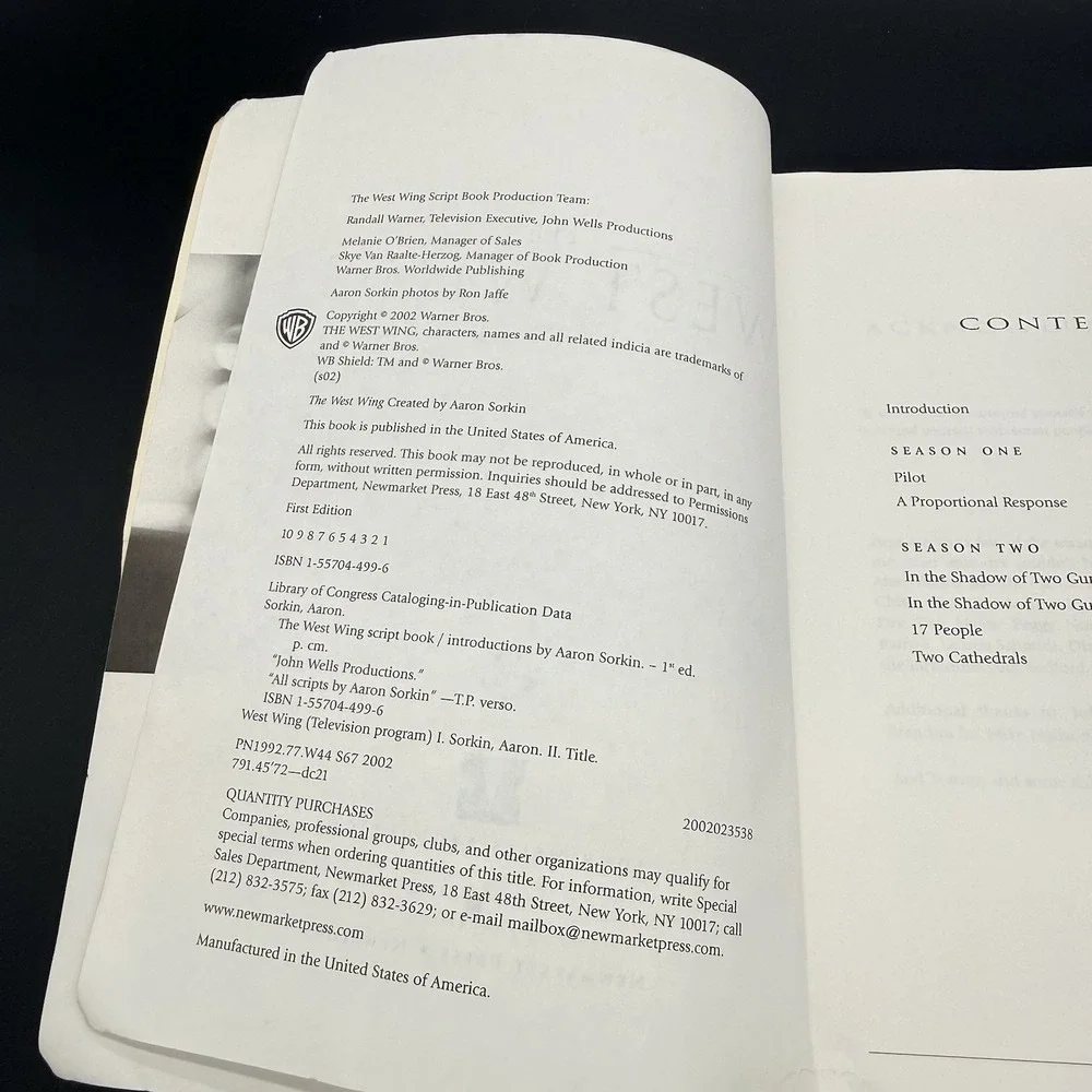 The West Wing Script Book Aaron Sorkin 2002 1st Edition Paperback TV Scripts
